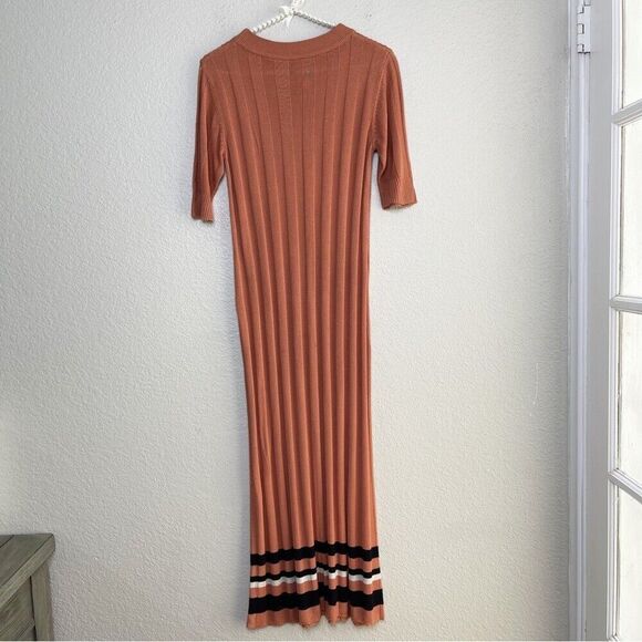 VEDA Large Knit Long Dress Casual 3/4 Sleeve Ribbed Colorblock Stripe High Neck - Picture 10 of 10